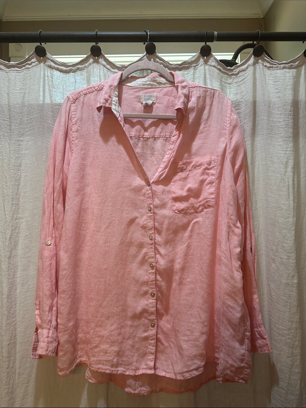 Vintage Sigrid Olsen Pink Button-Down Linen-Blend Shirt